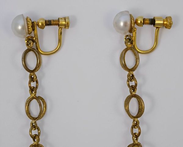 Long Gold Plated Faux White Pearl Screw Back Dangle Earrings
